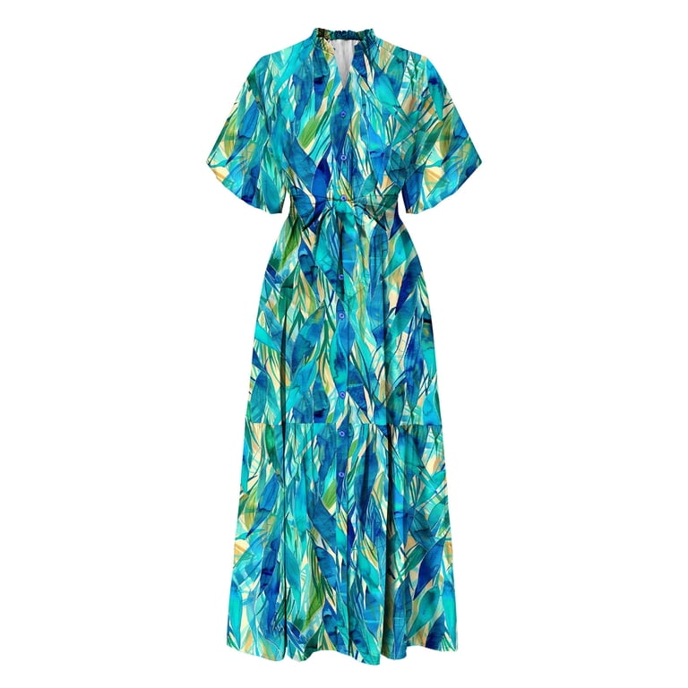 summer resort dresses 2025 Abomasnow Women's Summer Maxi Dress 2025 Resort Wear Boho Floral V Neck Short Sleeve Ruffle Flowy Beach Long Dresses with Belt