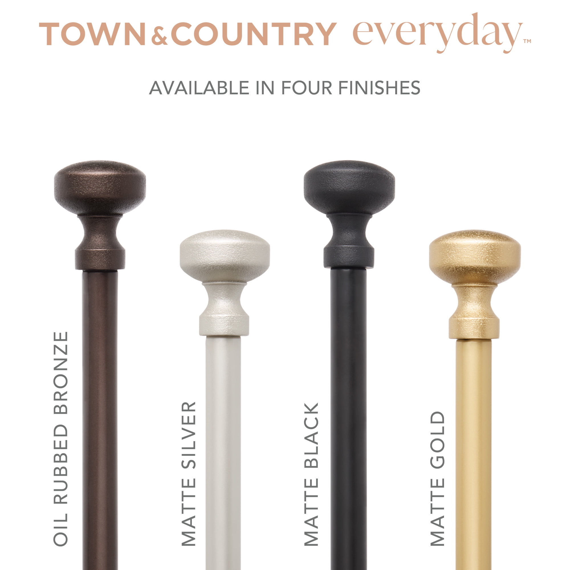 TOWN & COUNTRY EVERYDAY Modern Rounded Cap Single Indoor Curtain Rod and Finial Set, Easy Install Wall Mount, Matte Gold, Adjustable 36”-72”