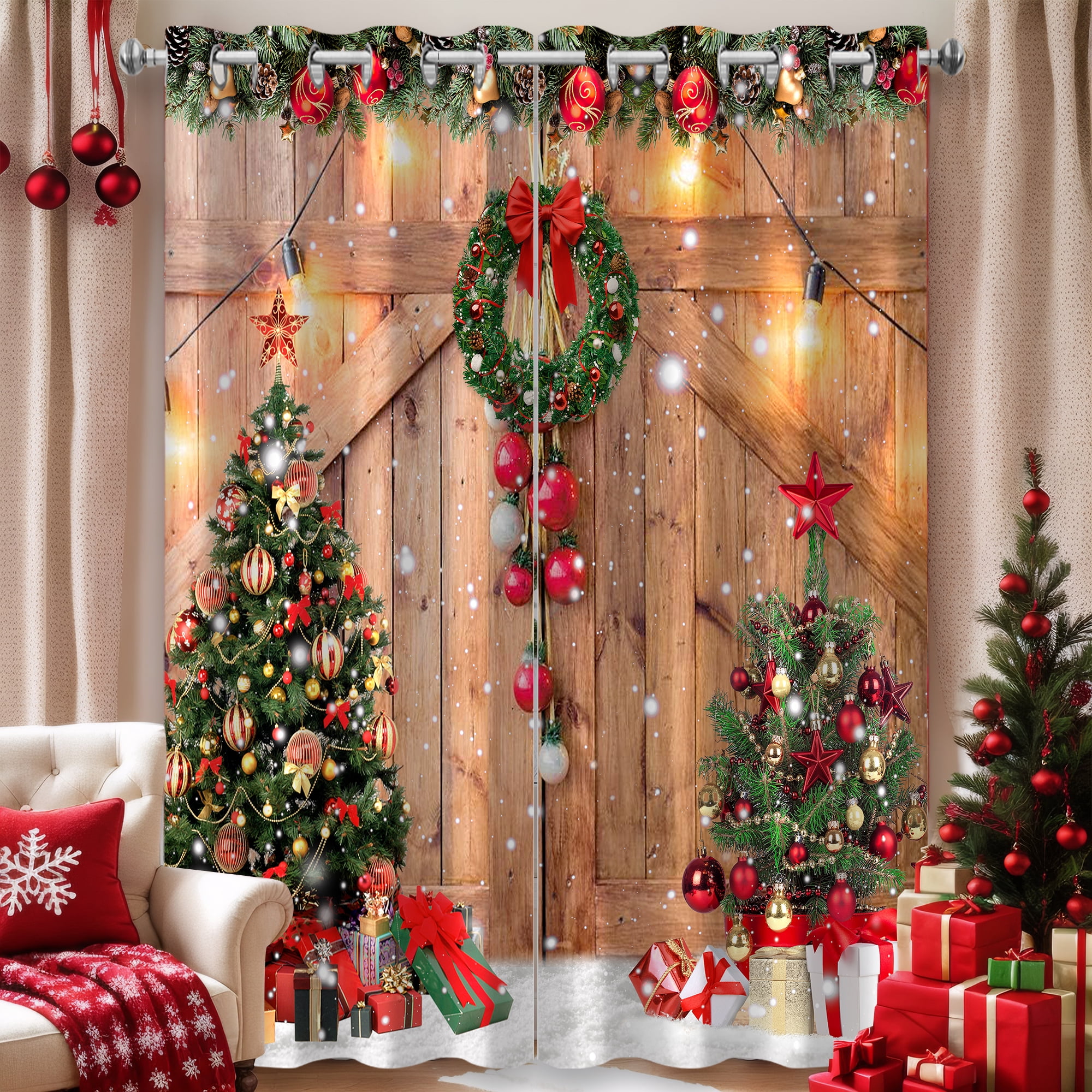 Farmhouse Christmas Black Out Window Curtains, Rustic Country Vintage Winter Pine Tree Xmas Ball Gift Snowflake Wood Barn Decor for Bedroom, Living Room, Grommet Window Drapes 2 Panel Set, 52"x84"