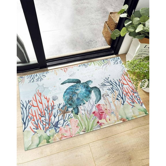 Shag Bath Rugs Blue Sea Turtle Summer Nautical Coral Plush Soft Fluffy Doormat Floor Carpet,Non-Slip Living Room Bedroom Kitchen Entryway Door Mats Ocean Life Retro Letter