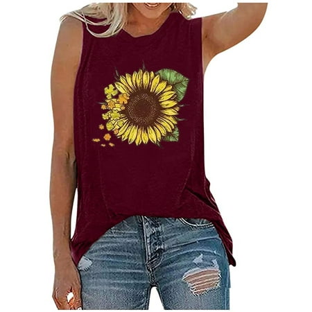 

Zodggu Graphic Tank Shirts for Women 2023 Deals Soft Cotton Trendy Sleeveless Womens Tops Sunflower Print Camiso Summer Tanks Crew Neck Shirts Comfy Loose Casual Tunic Crop Tops Red 4