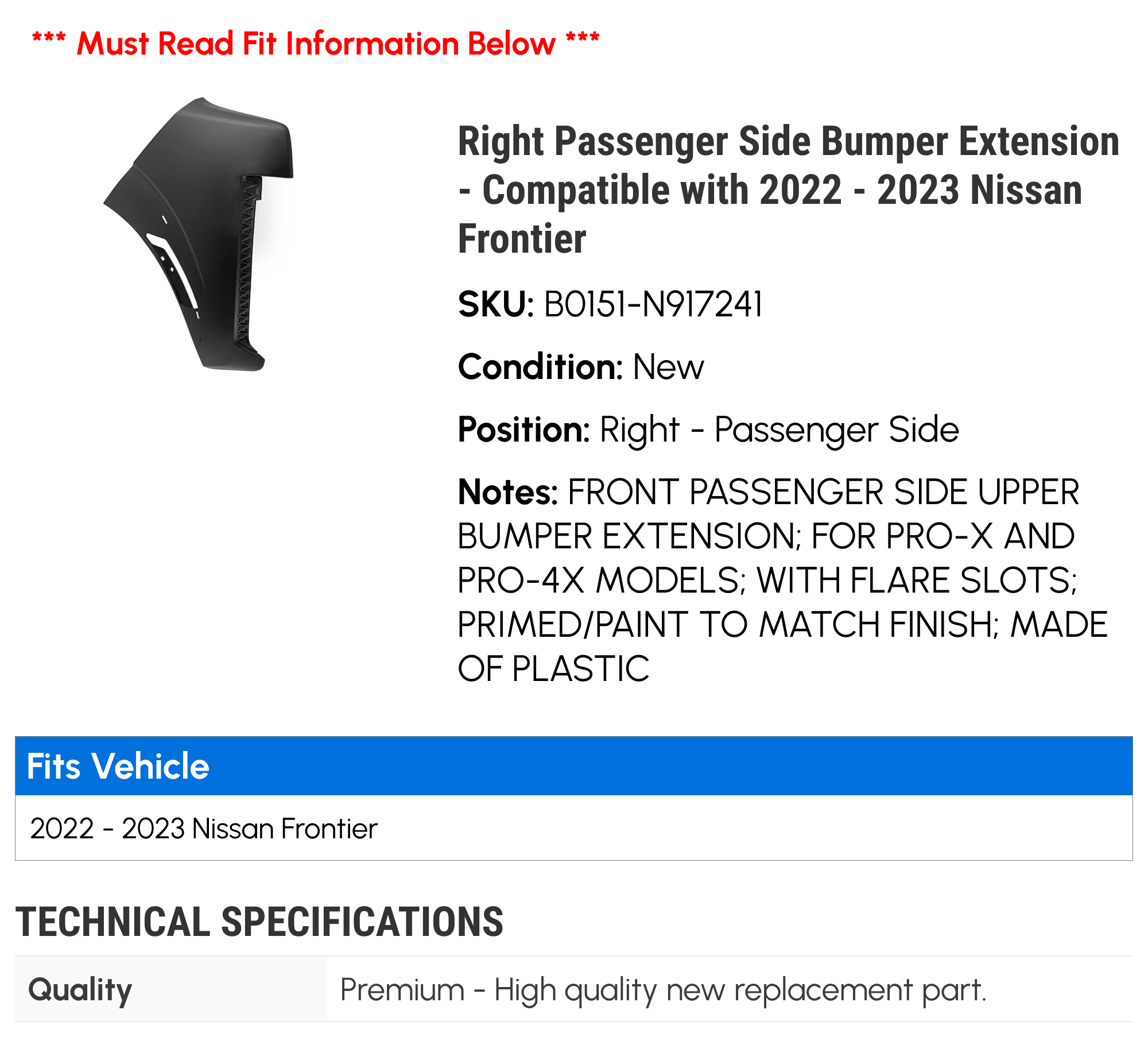 Right-Passenger Front Upper Bumper Extension For 2022-2023 Nissan Frontier – Action Crash 47YF46Y