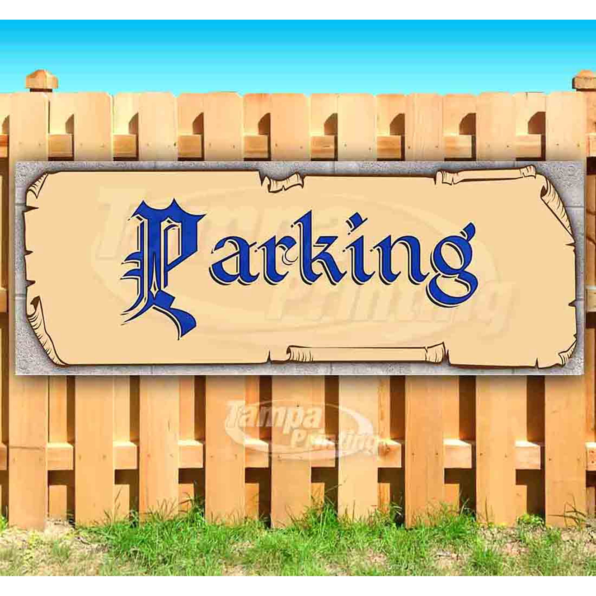 Parking Blue Text 13 oz Vinyl Banner With Metal Grommets
