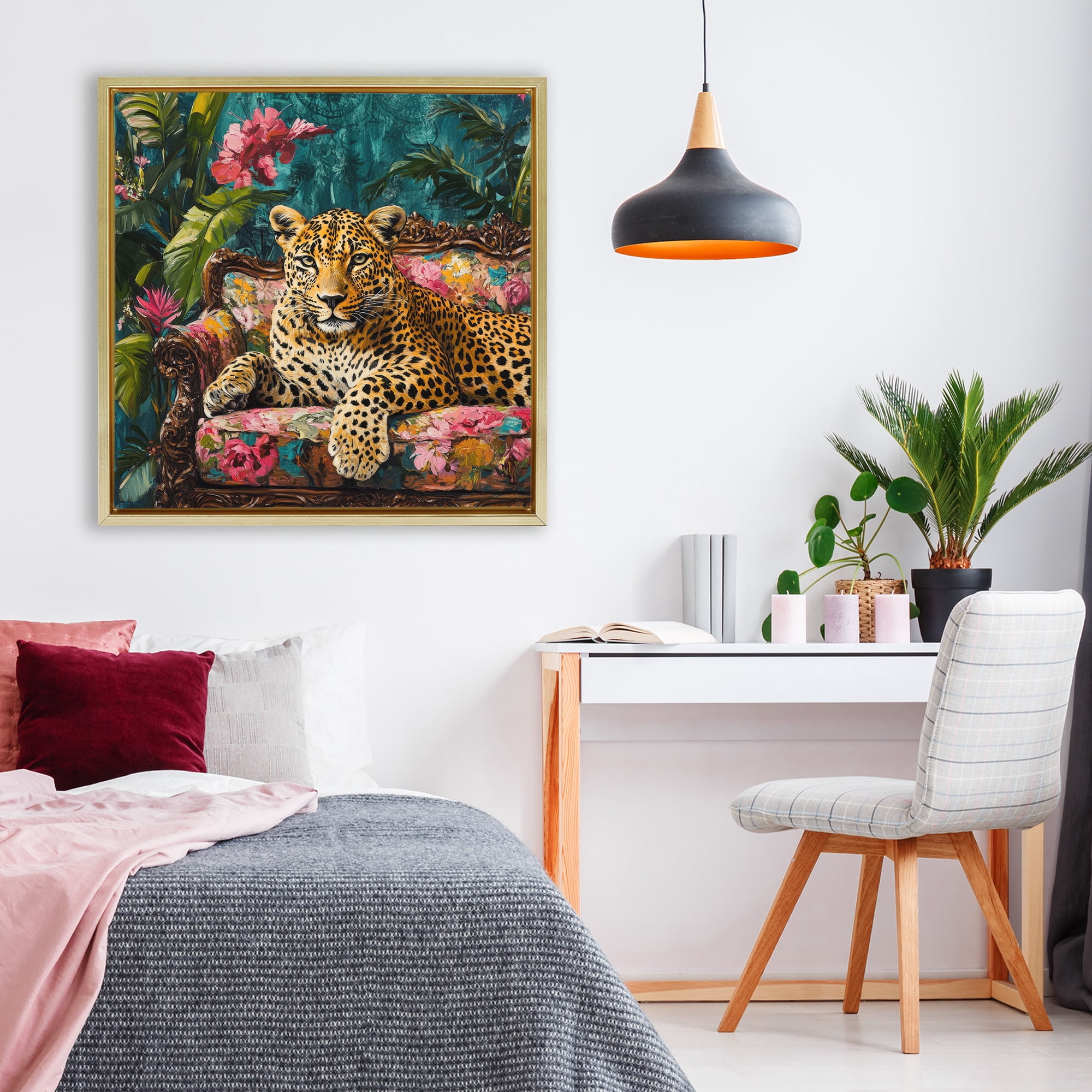 Stupell Industries Fashionable Leopard on Floral Sofa Gold Framed Floater Canvas Wall Art, design by Petal Prints Design