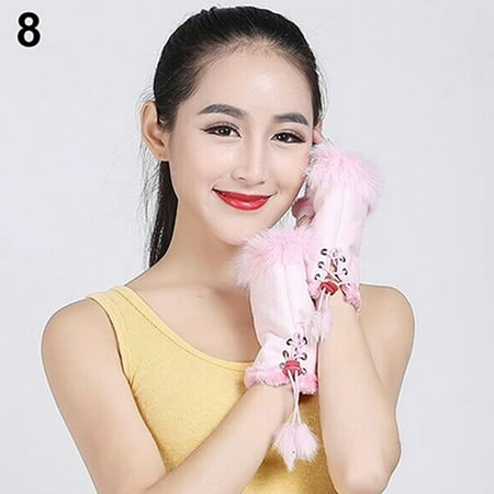 

Women\ s Winter Faux Rabbit Fur Faux Leather Fingerless Mittens Wrist Gloves