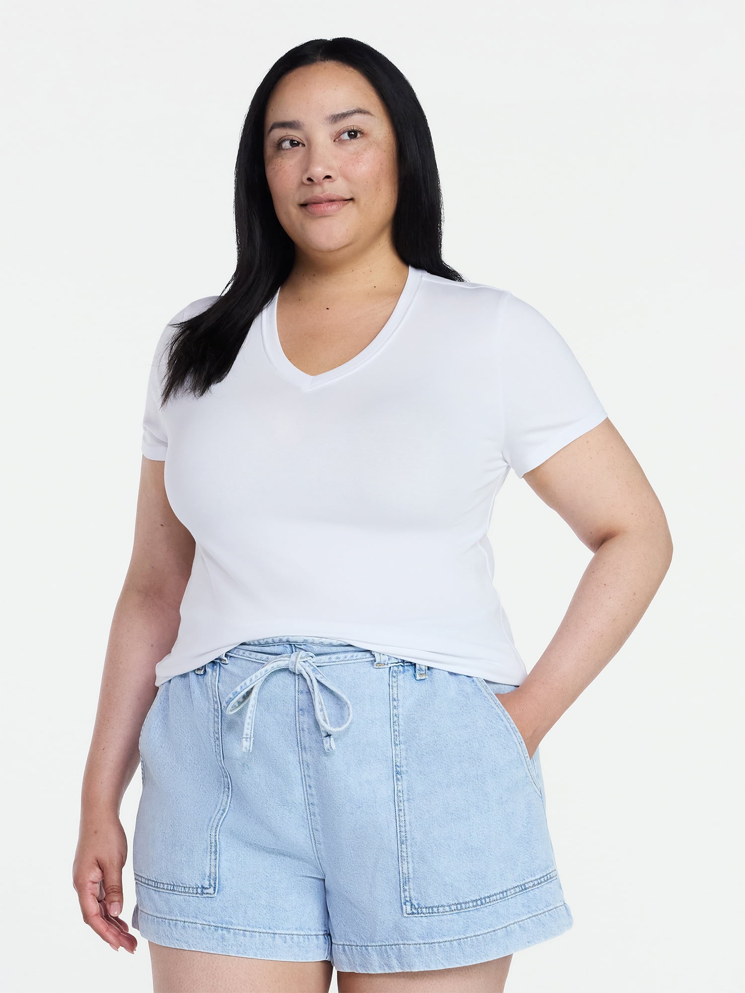 Time and Tru Women's Slim V Neck Tee with Short Sleeves, Sizes XS-XXXL