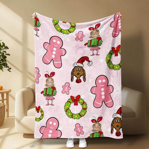 Christmas Flannel Warm Blanket with Gingerbread Girl Dog Prints, Soft Cozy Festive Throw for Sofa Bed Holiday Gift
