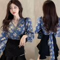 thumbnail image 4 of Women's Floral V-neck Lace Bandage Topwoner Navel Long Sleeve Shirt Top, 4 of 12