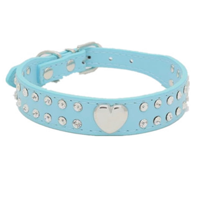 Correa de cuero con remaches de corazón brillante con diamantes de imitación de 2 filas para collar de perro de tamaño pequeño