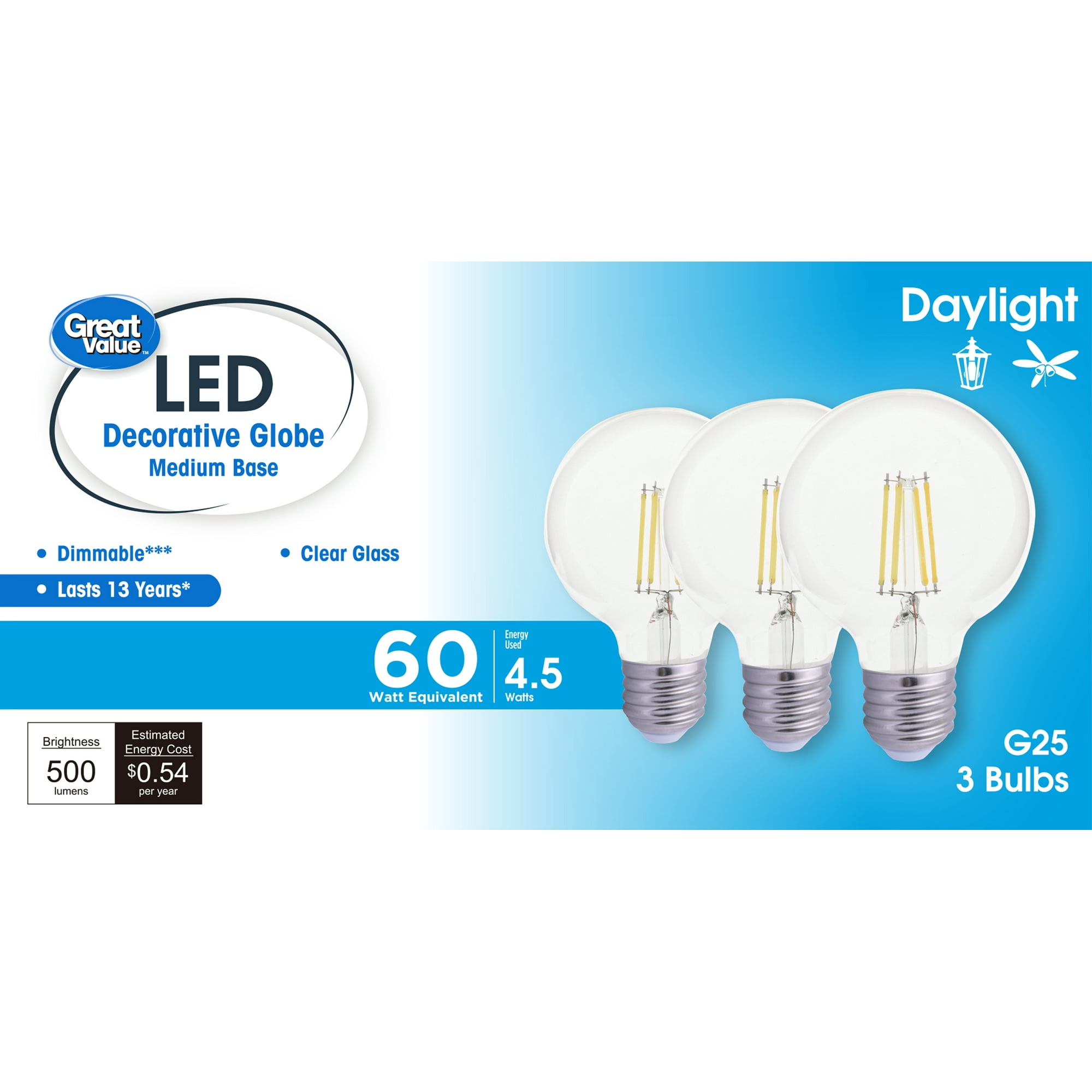 Great Value G25 LED Decorative Globe Bulb, Daylight 5000K, E26 Medium Base, Dimmable, 3 Pack