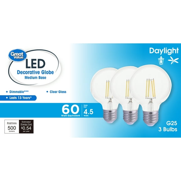 Great Value Deco LED G25 Light Bulb 60W Eqv 4.5 Watts Dayight, E26 Base, 3 Pack