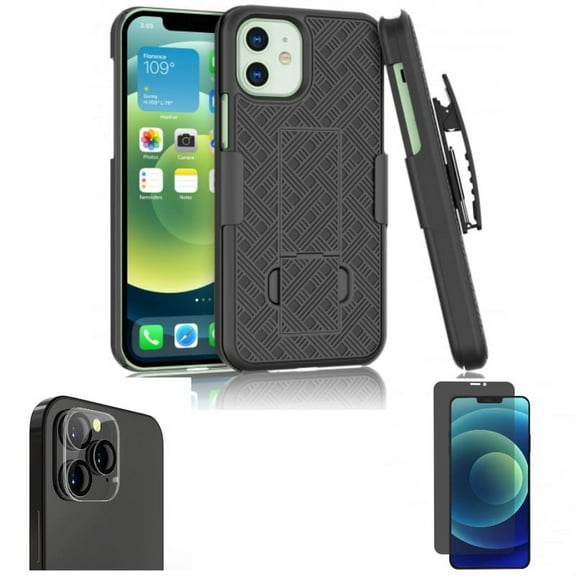 For iPhone 12 Pro Max (6.7) - Case Swivel Belt Clip Holster with Tempered Glass Camera Lens Protector and Privacy Screen Protector