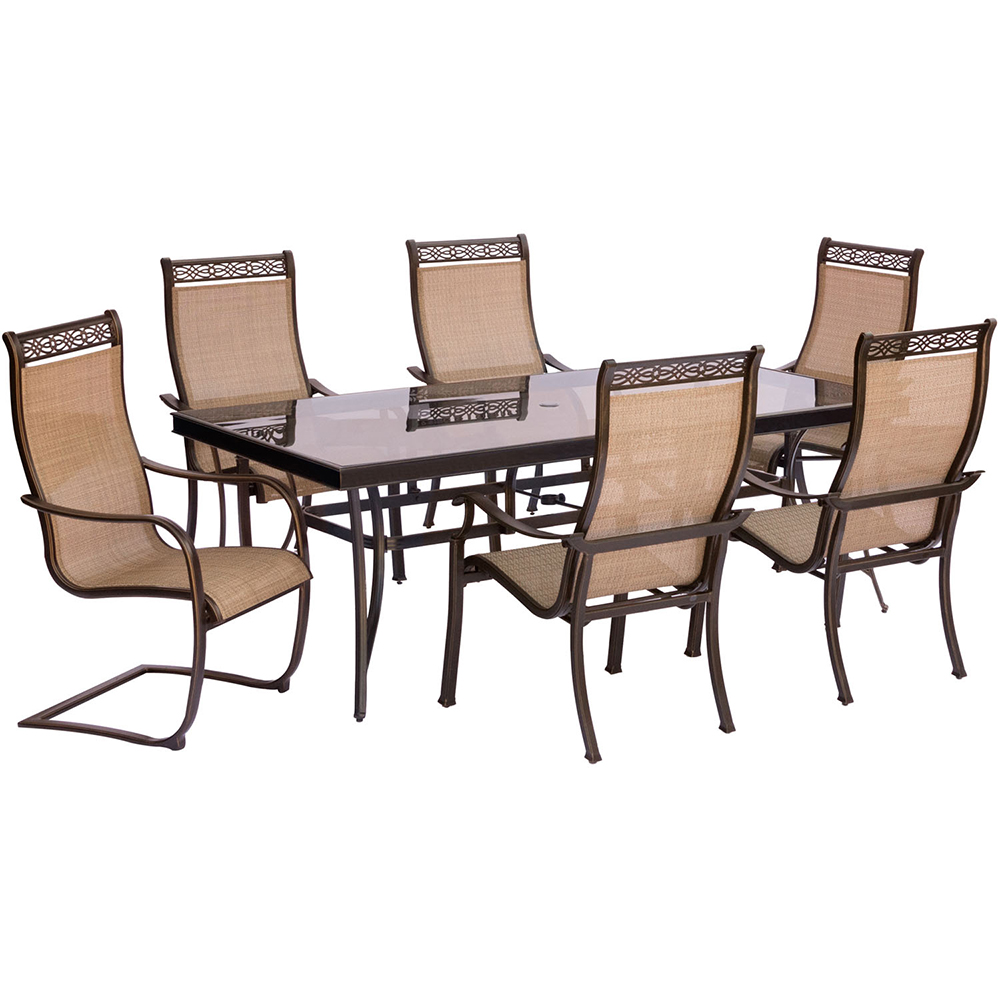 Hanover Outdoor Monaco 7-Piece Sling Dining Set with 42" x 84" Glass-Top Table, 4 Stationary Chairs and 2 C-Spring Chairs plus Umbrella with Stand, Cedar - image 3 of 11