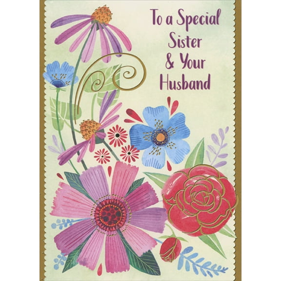 Designer Greetings Purple, Blue and Red Flowers with Gold Foil Accents, Swirls and Borders Easter Card for Sister and Husband (Brother-in-Law)