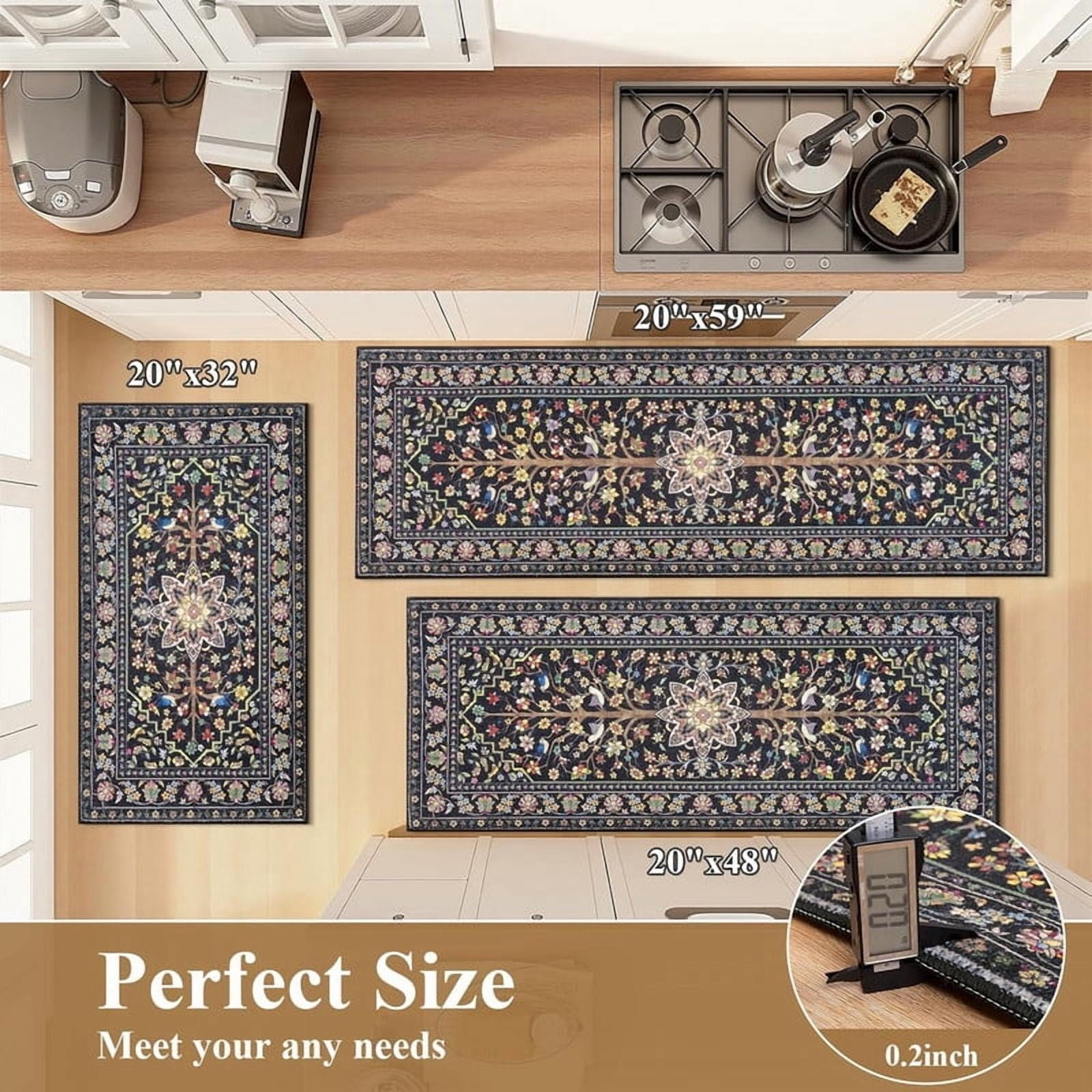 Findosom 3pcs Washable Kitchen Rug Set,Non-Slip Floral Boho Kitchen Mats Kitchen Runner Rug Floor Carpet for Hardwood Floor,Sink,Entryway,Bathroom,Home Decor,20"x32"+20"x48"+20"x59"