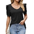 thumbnail image 1 of Top de manga corta abombada para mujer, Color puro, cuello en V, corte holgado, informal, elegante, jersey de verano, Top negro S, 1 of 6