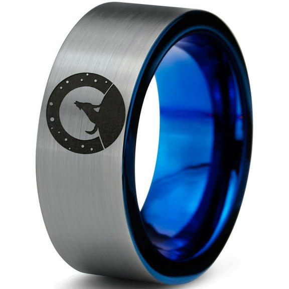 Tungsten Howling WolfBand Ring 8mm Men Women Comfort Fit Blue Flat Cut Brushed Gray Polished