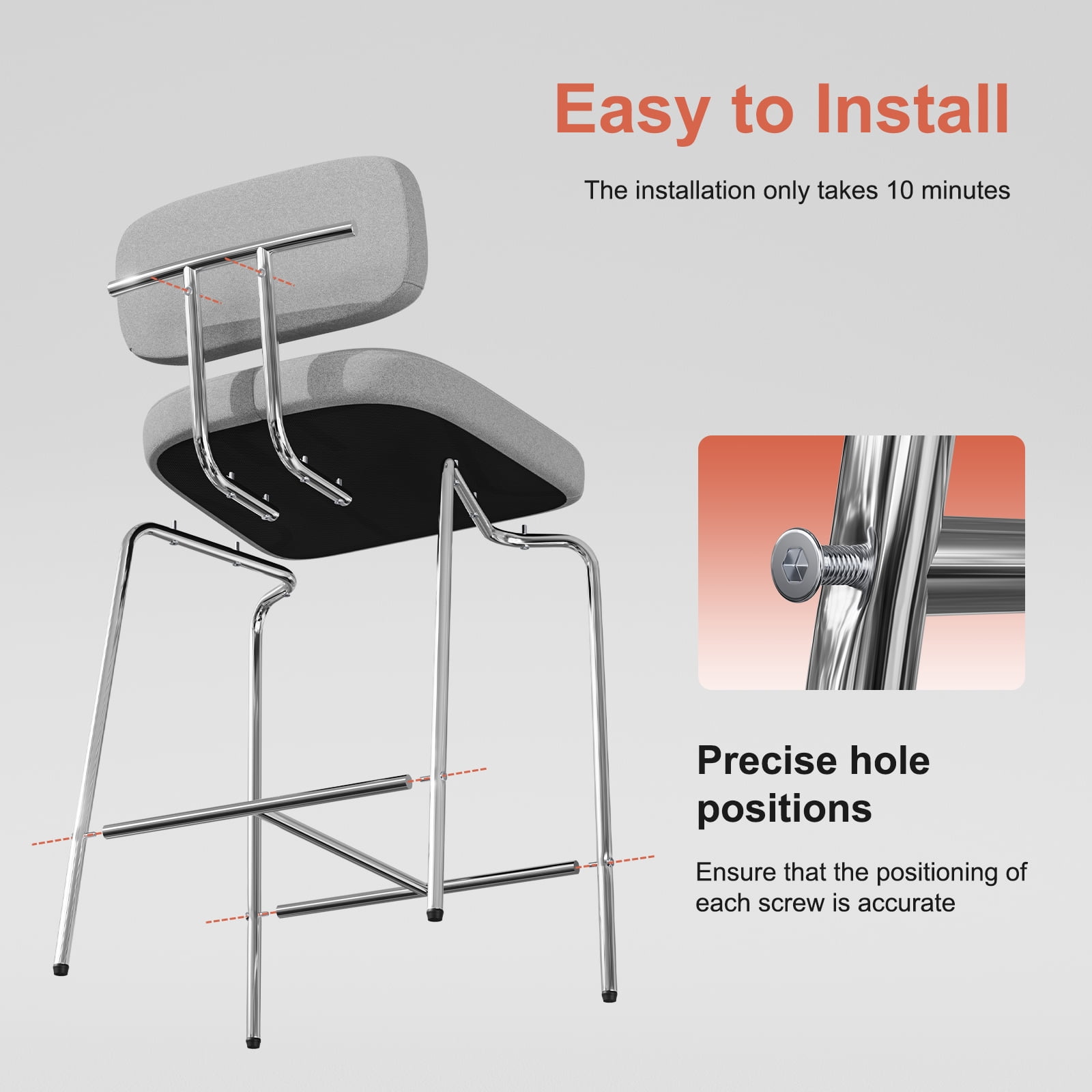 Genpo Counter Height Bar Stools Set of 3, 26" Gray Fabric Kitchen Counter Stools with Backs, Metal Legs, Footrest and Wide Seat, Bar Chairs for Kitchen Island