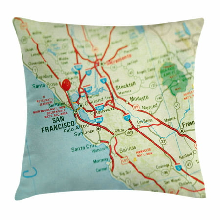 Map Throw Pillow Cushion Cover, Vintage Map of San Francisco Bay Area with Red Pin City Travel Location, Decorative Square Accent Pillow Case, 18 X 18 Inches, Pale Blue Pale Green Red, by