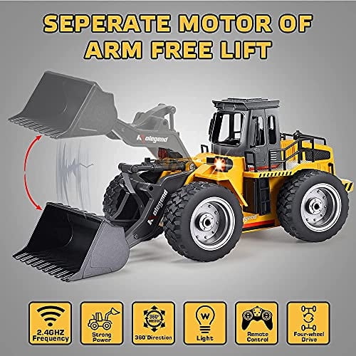 kolegend Control Remoto Bulldozer Toy Truck, Escala 1/18 RC Metal Rc Cargador Frontal 4WD kolegend kolegend