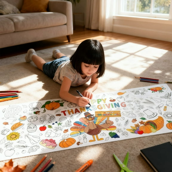 Giant Thanksgiving Coloring Tablecloth 76X183Cm, Waterproof Graffiti-Proof Paper Poster, Interactive Kids Art Activity Decor For Family Gatherings