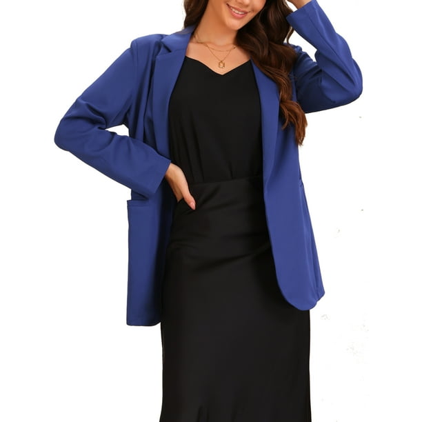 Blazer de negocios INSPIRE CHIC para mujer, chaqueta de trabajo casual de manga larga y botonadura simple M azul