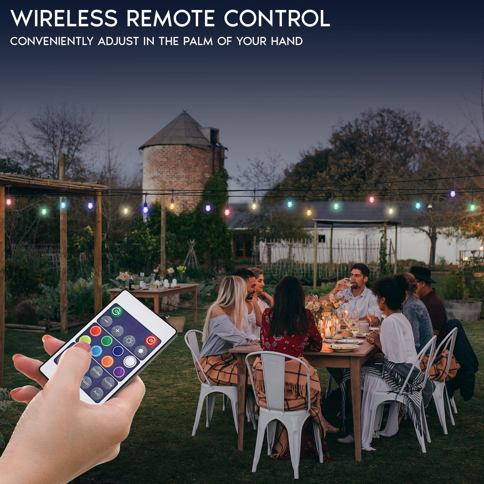 Luxrite 48FT LED RGBW Outdoor String Lights, Remote Control Color Changing Cafe Lights, Commercial Grade Waterproof, 24 Edison S14 Shatterproof Bulbs, IP65, Dimmable Outside Hanging Lights for Patio