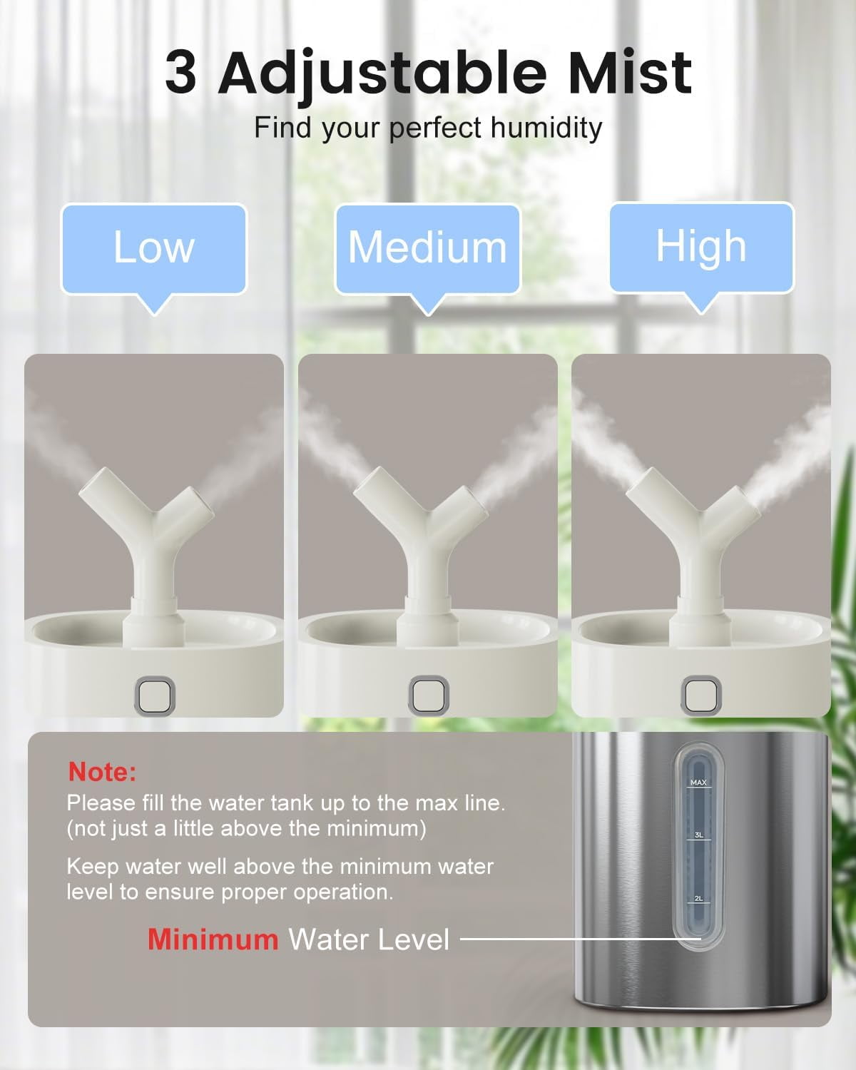 Stainless Steel Cool Mist Humidifier, 4L/1Gal Easy Clean, Dishwasher Safe, Quiet Humidifier for Bedroom, Baby Nursery, Rooms, up to 500 Sq ft