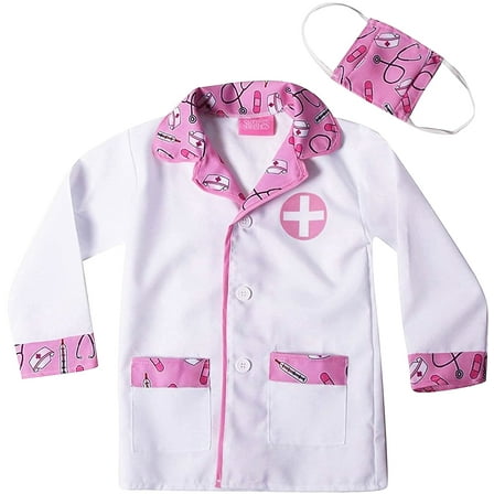 Storybook Wishes Kids Doctor Coat & Face Mask for Kids Doctor Costume | Doctor Dress Up for Kids | Pink and White - Size 2-4