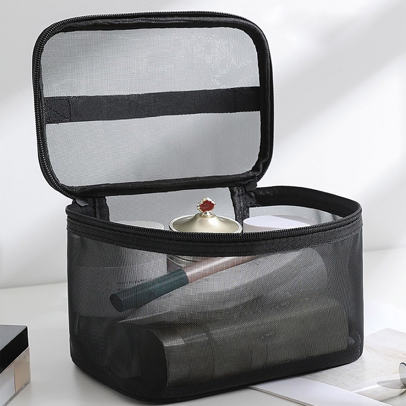 HHBEAUTY Double Layer Makeup Bag, Large Mesh Travel Cosmetic Pouch 