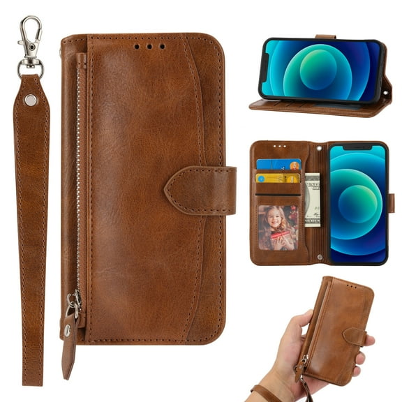 Nalacover for iPhone 14 Plus 6.7 inch Wallet Case,Shockproof Premium PU Leather Magnetic Closure Zipper Flip Kickstand Card Slots Anti-Scratch with Detachable Wrist Strap Phone Cover.Brown