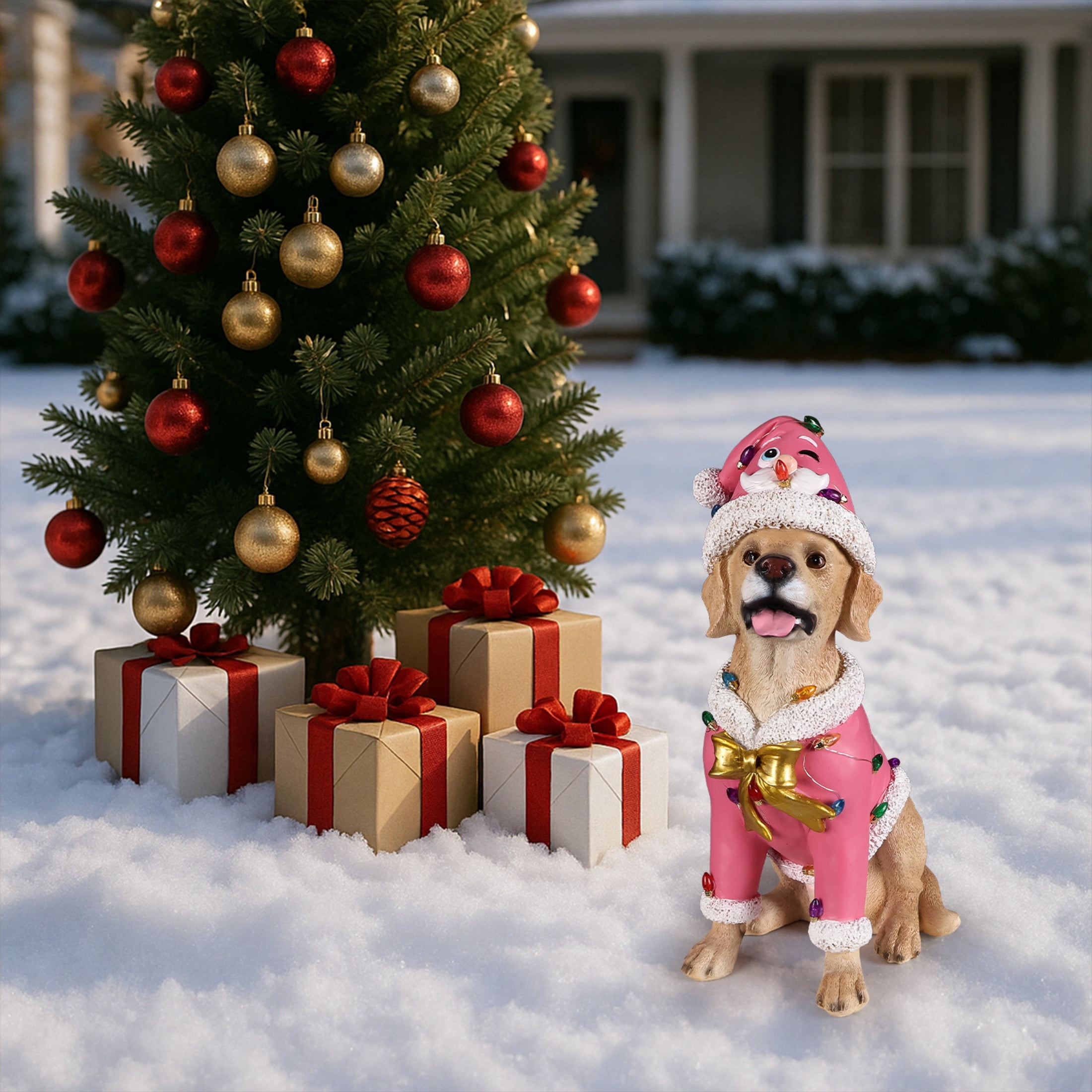 Noble House Christmas Labrador Retriever Statue, Cheerful Holiday Dog Figurine in Santa Outfit, Brown Fur & Pink Shirt