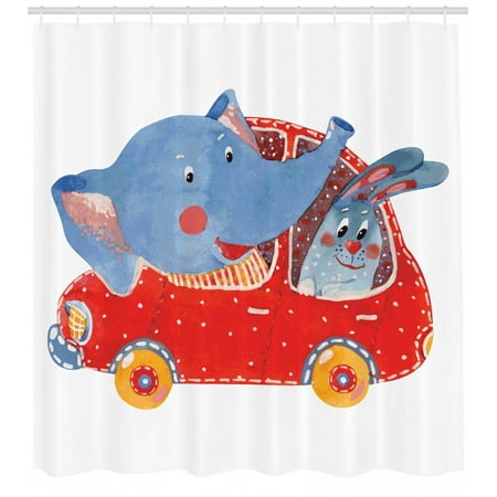 Cartoon Decor Watercolor Sketch Of Young Blushed Elephant And Hare In Small Car Best Friend Travel, Bathroom Accessories, 69W X 84L Inches Extra Long, By