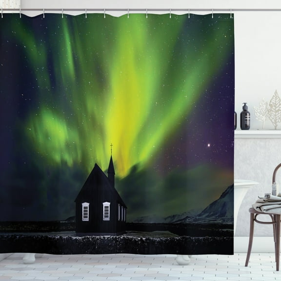 Ambesonne Iceland Shower Curtain, House and Aurora Borealis, 69"Wx75"L, Lime Green Indigo