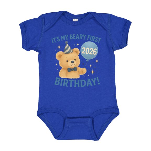 Inktastic Beary First Birthday 2026 Teddy Bear Boys or Girls Baby Bodysuit