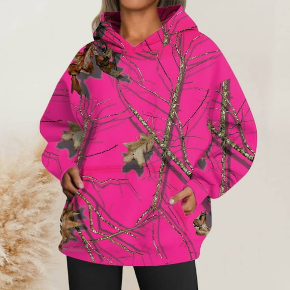 Women's Camo Pullover Hoodie Long Sleeve Sweatshirts Drop Shoulder Fall Sweatshirt Tops Pink L