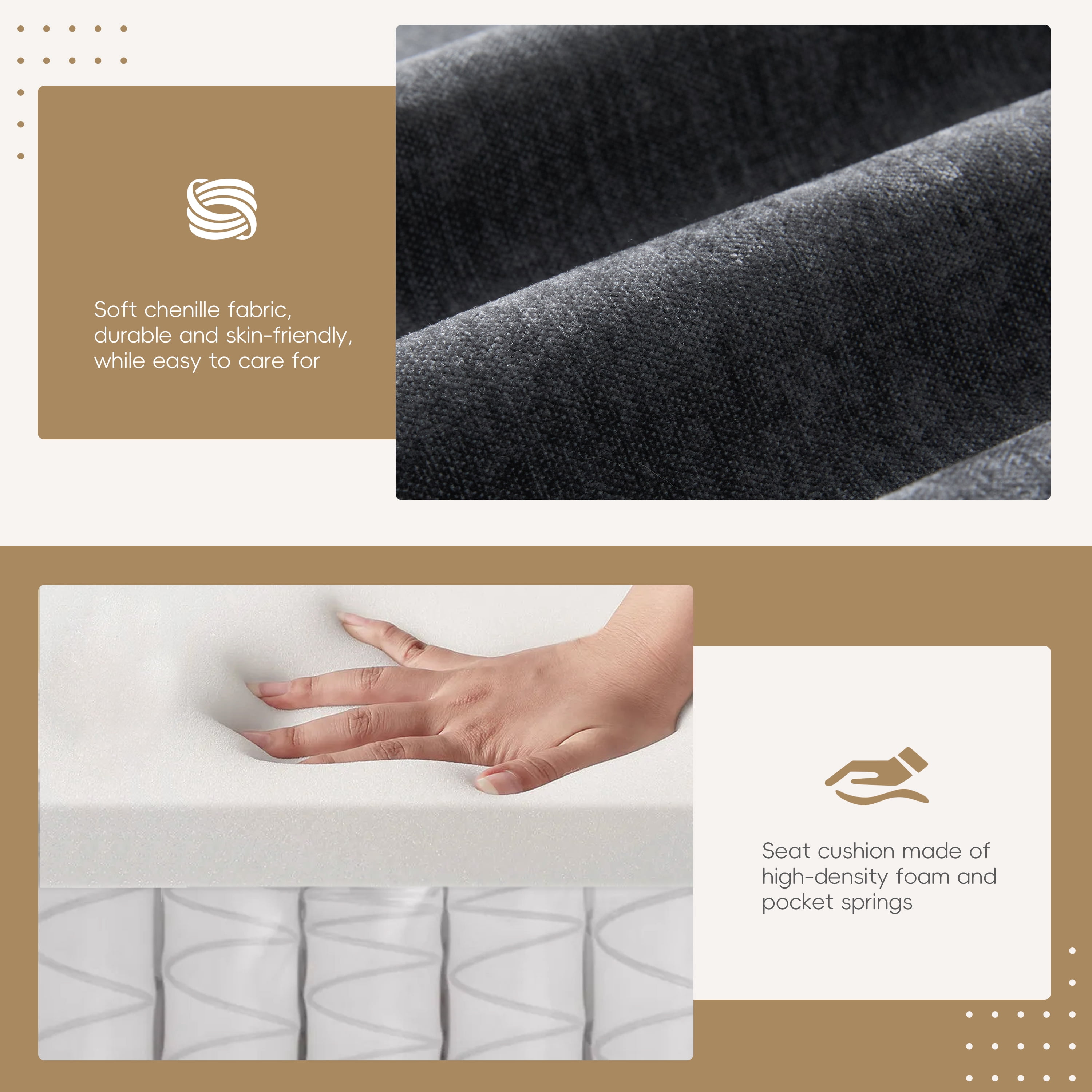 Sectional Sofa, L Shape Sofa, Tufted Sofa with Multifunction Pull-Out Armrest and Storage Ottoman, Chenille Couch with Side Storage Pockets, for Living Room, Dark Gray
