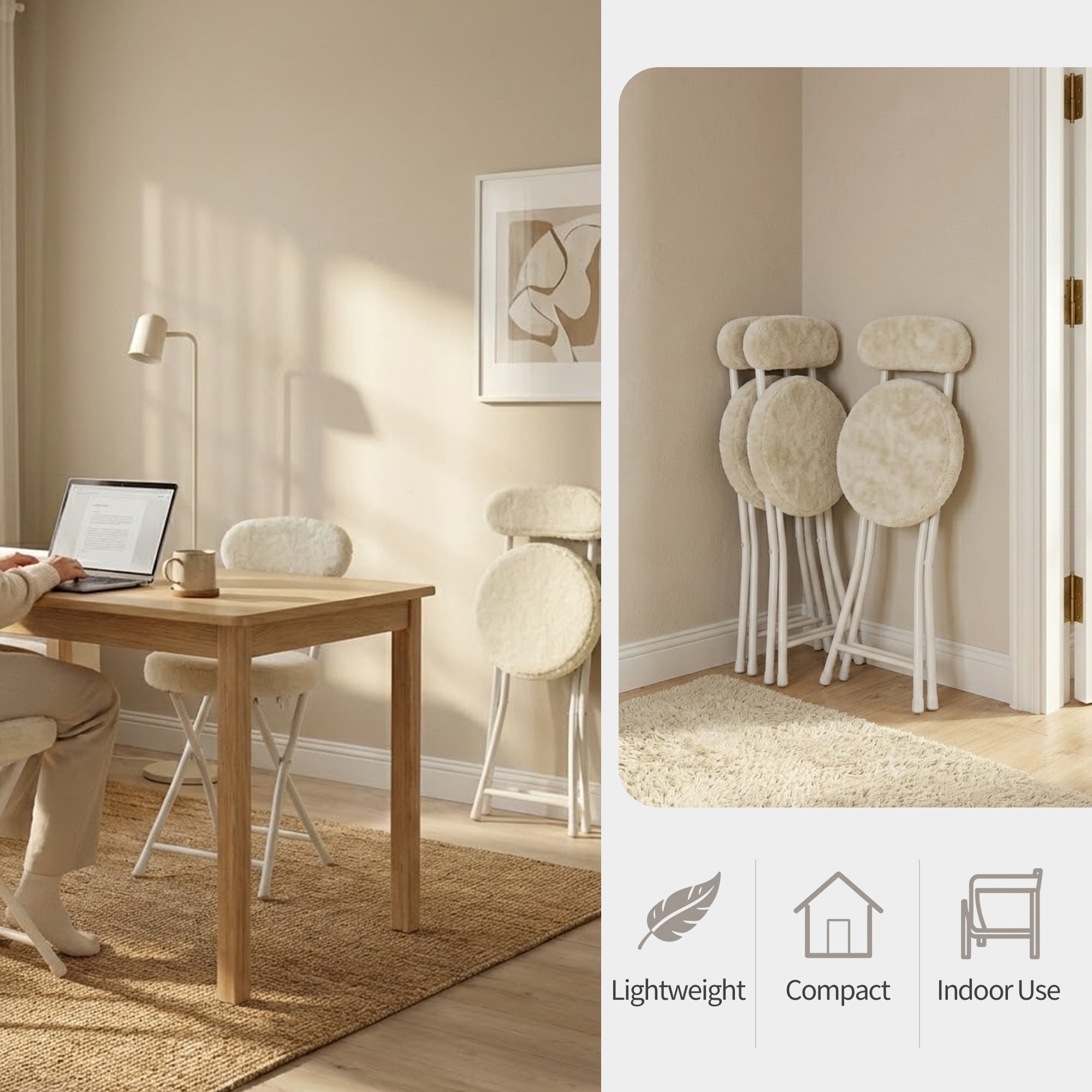 Homy Casa 4-Pack Folding Chairs with Back, Plush Padded Seating for Dining and Guest Use, Ivory Cream