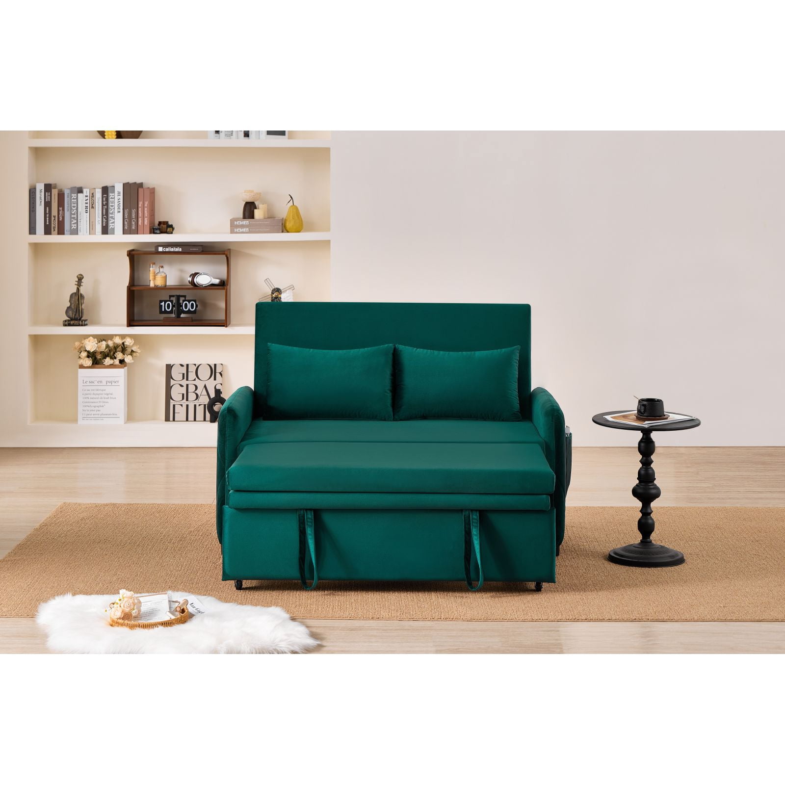 Leumius 3 in 1 Convertible Sleeper Sofa Bed, Modern Convertible Sofa Bed with 5-Position Adjustable Backrest,Velvet Pull Out Couch with Pull Out Bed for Living Room Furniture,Green