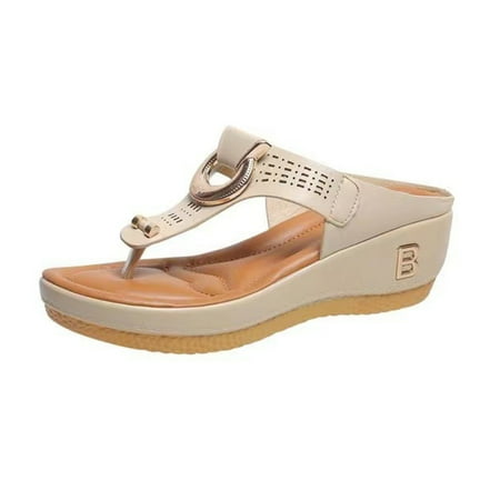 

Women Walking Shoes Flip Flops Solid Color Leather Tie Sandal for Dresses Jeans Skirts Short Pants 35 Creamy-white