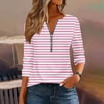 thumbnail image 2 of Olyvenn Women Plus Size Striped Tops 3/4 Sleeve Dressy Casual Fall Outfits Half Zip V Neck Work Blouses Trendy Casual Tops Pink M, 2 of 5