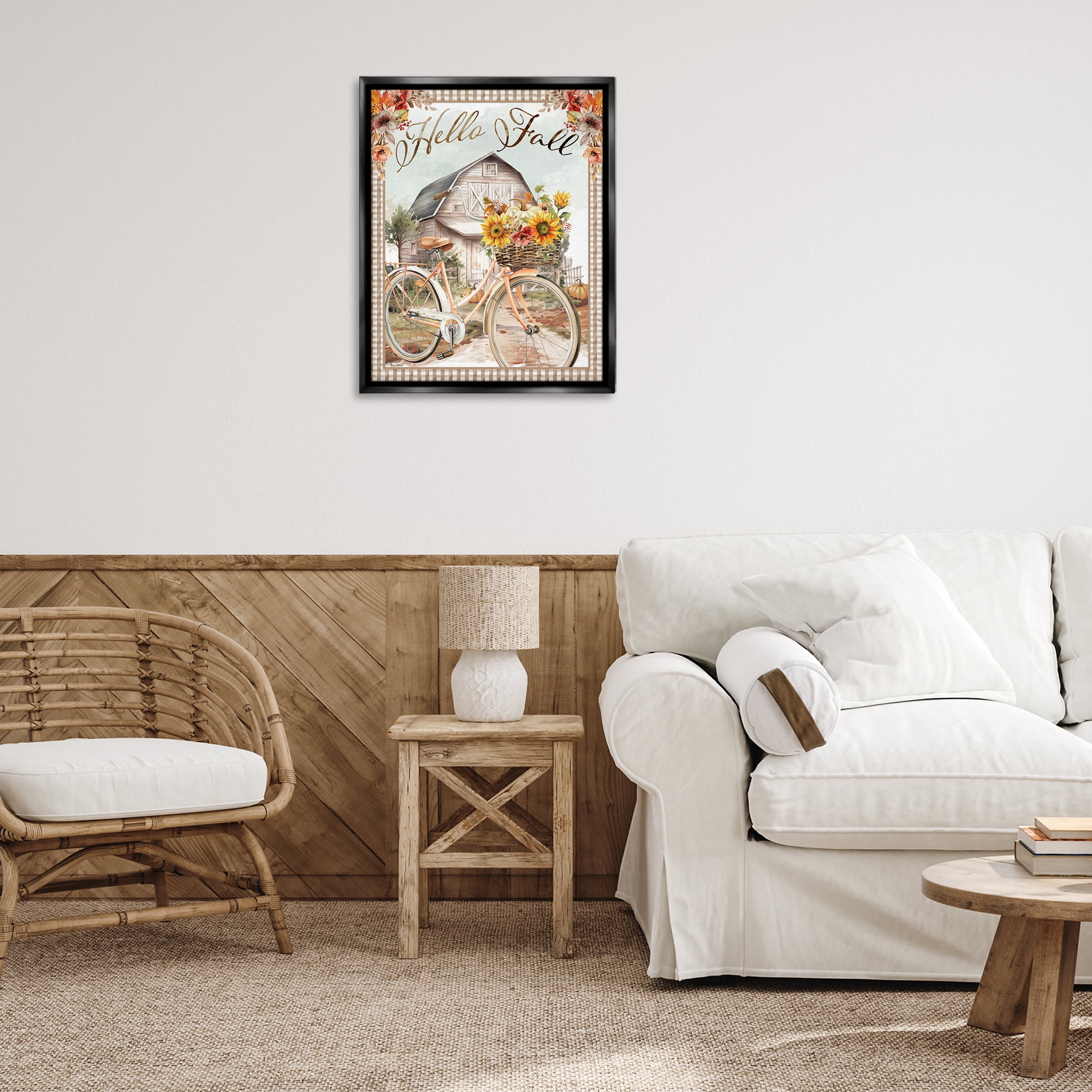 Stupell Industries Hello Fall Cottage Bicycle Botanical & Floral Painting Black Floater Framed Canvas Art Prints Wall Art, 25 x 31