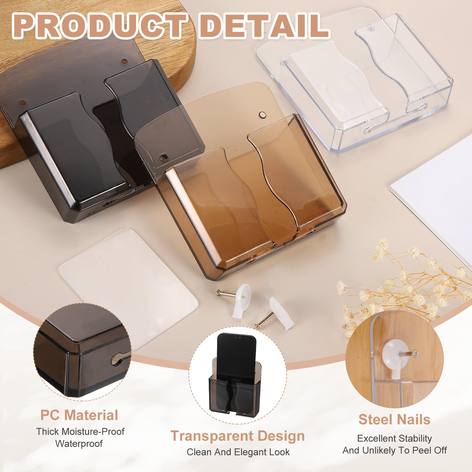 Uxcell 4Pcs Wall Mounted Phone Holder, Self-Adhesive PC Phone Stand with Charging Hole Charger Remote Control Stand Organizer for Home Office Bedroom Kitchen Smartphone, Transparent Black