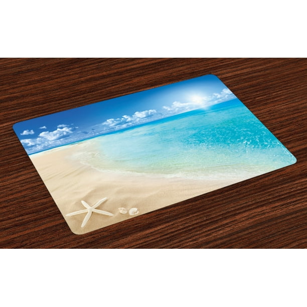 Beach Placemats Set of 4 Sunny Summer Seashore with Clear Sky Seashells