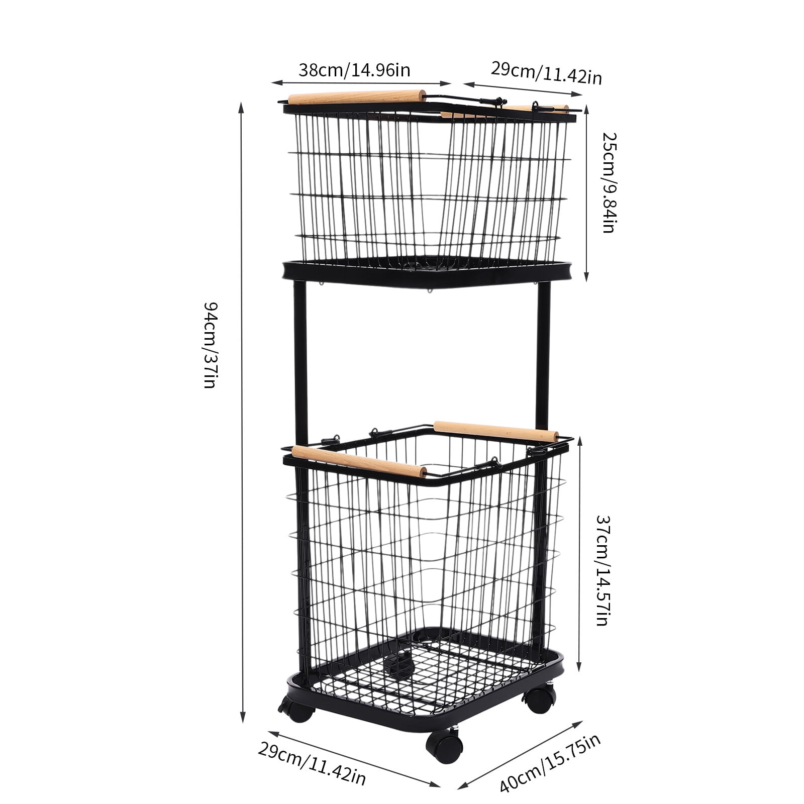 2 Tiers Metal Laundry Basket on Wheels Rectangular Black Large Laundry Hampers Laundry Room Organization and Storage with Removable Wire Baskets Clothing Sorting Laundry Baskets