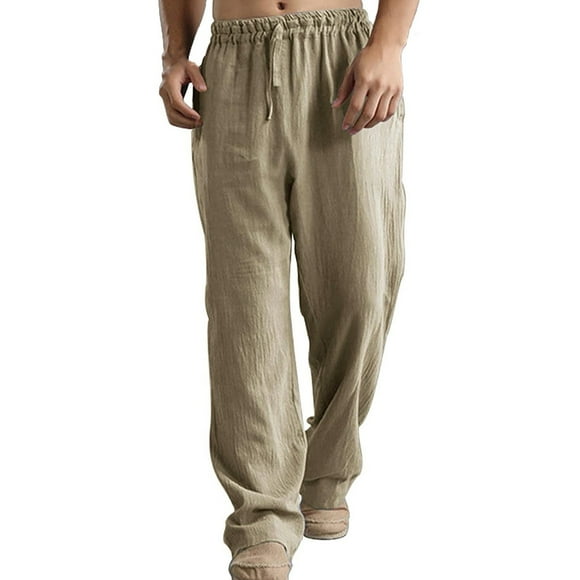 Mens Gym Pants Men's Summer Thin Breathable Washed Cotton Linen Loose Breathable Casual Sports with Pocket Pantalon Survetement Homme Khaki XXXL