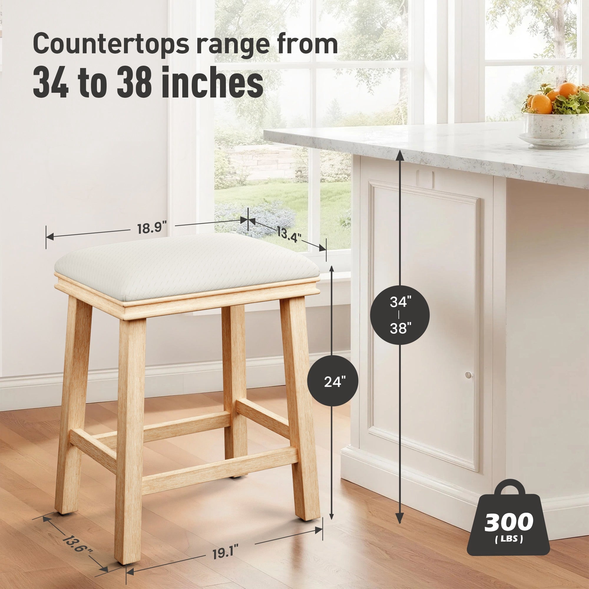 MF Studio 24" Counter Height Bar Stool, PU Leather Padded Seat with Solid Wood Legs, White