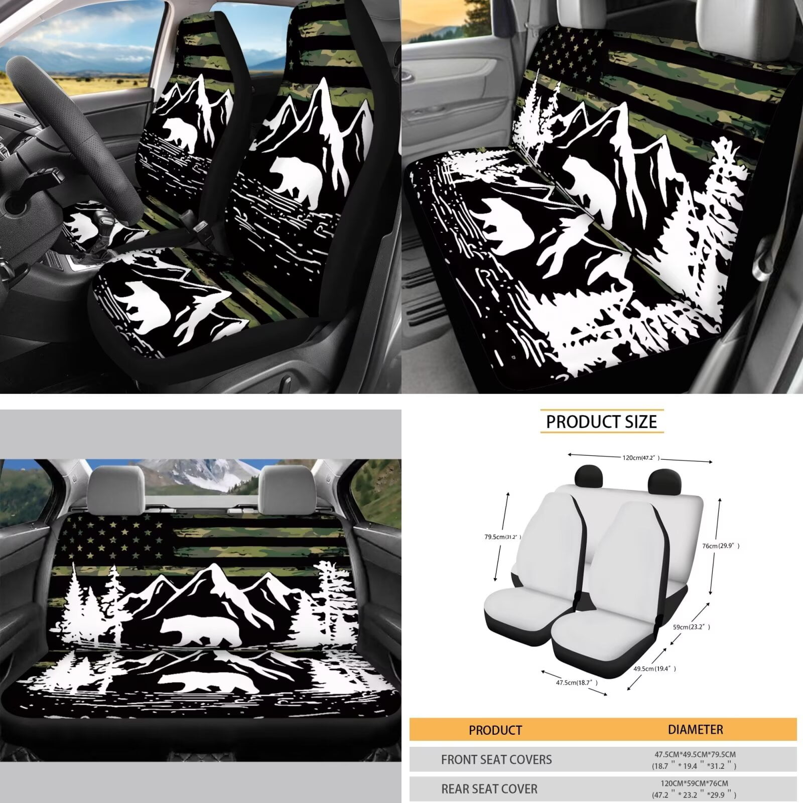Garronmavis American Flag Bear 16 Pcs Car Accessories Set Car Seat Belt Pads Cover Keychain Hand Brake Cover Cup Mats Front Window Sunshade Auto Rear View Mirror Covers