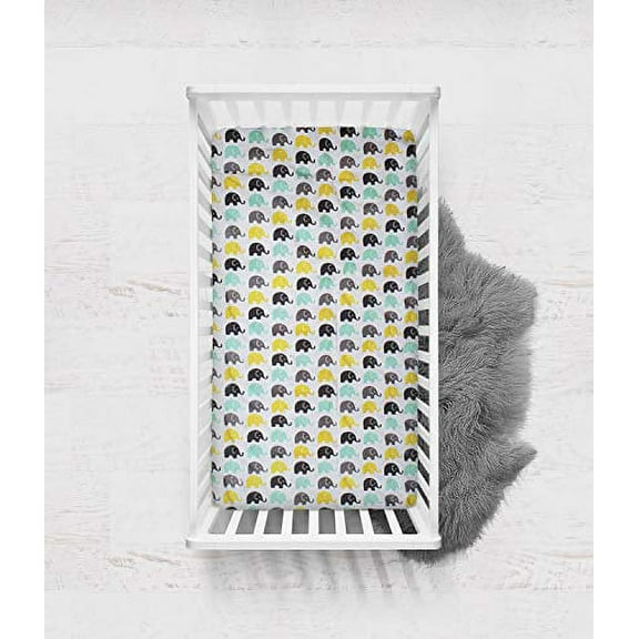 Bacati - Elephant Mint, Yellow, Grey 100% Cotton Percale Neutral 2 pack Baby Crib & Toddler Bed Fitted Sheets