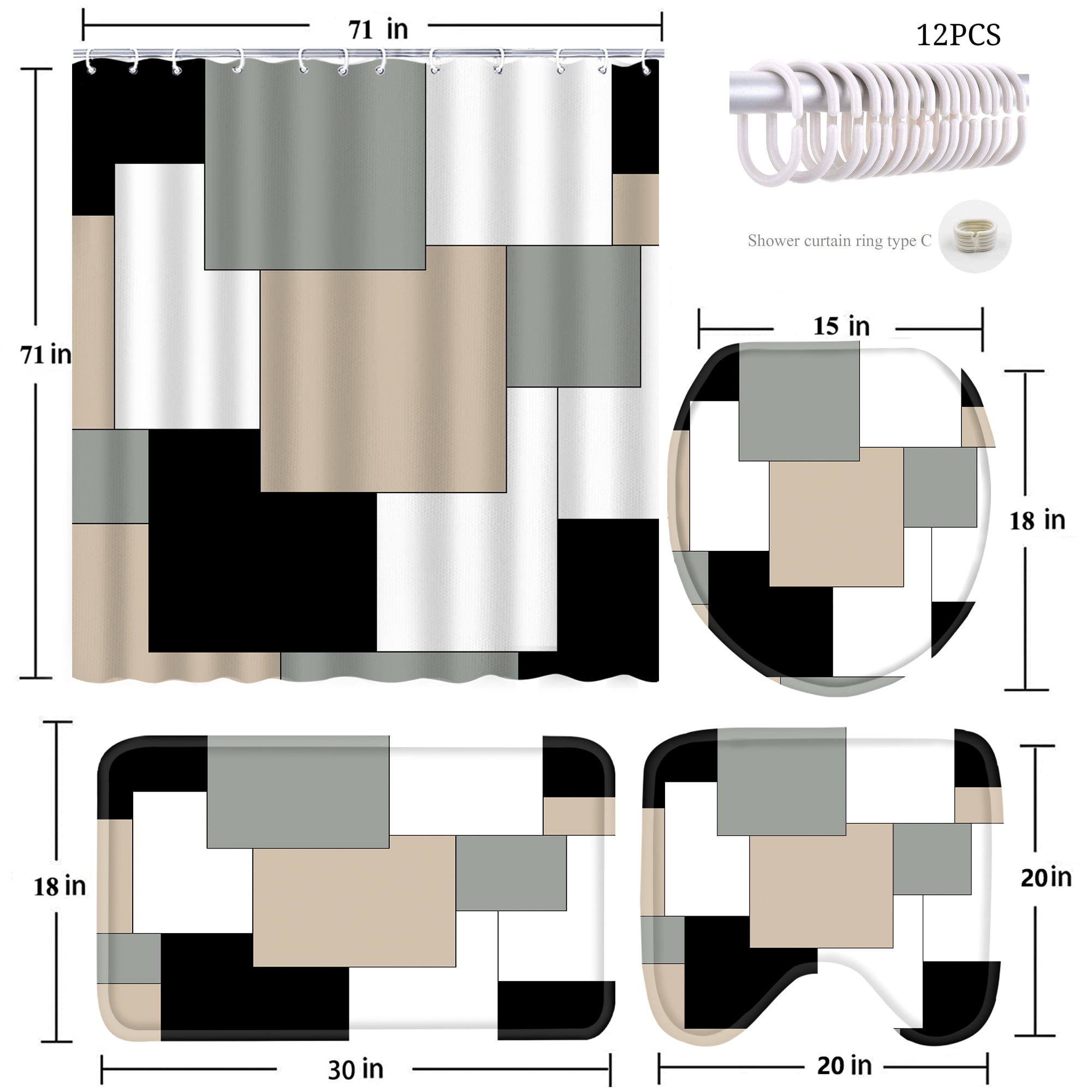 Poedist 4Pcs Shower Curtain Set, Bathroom Sets with Shower Curtain and Rugs, with Non-Slip Rugs,Toilet Lid Cover,Bath Mat and 12 Hooks,71 x 71 inch, Geometric Gray